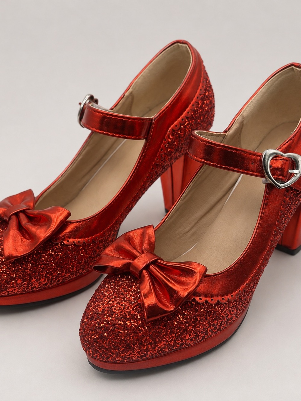 ❤️✨ Red Glitter Mary Jane Heels EU 38 | Bow Heart Buckle Retro Party Shoes